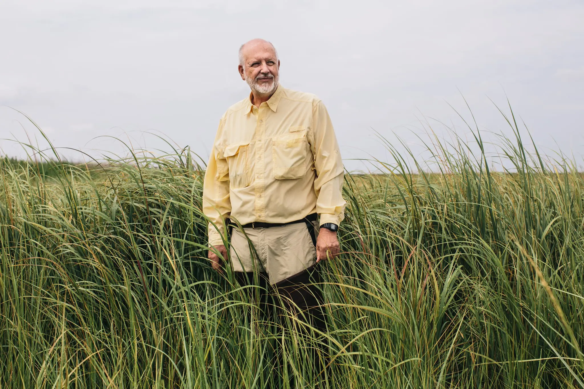 Court Stevenson surveys man made marsh on Poplar Island.