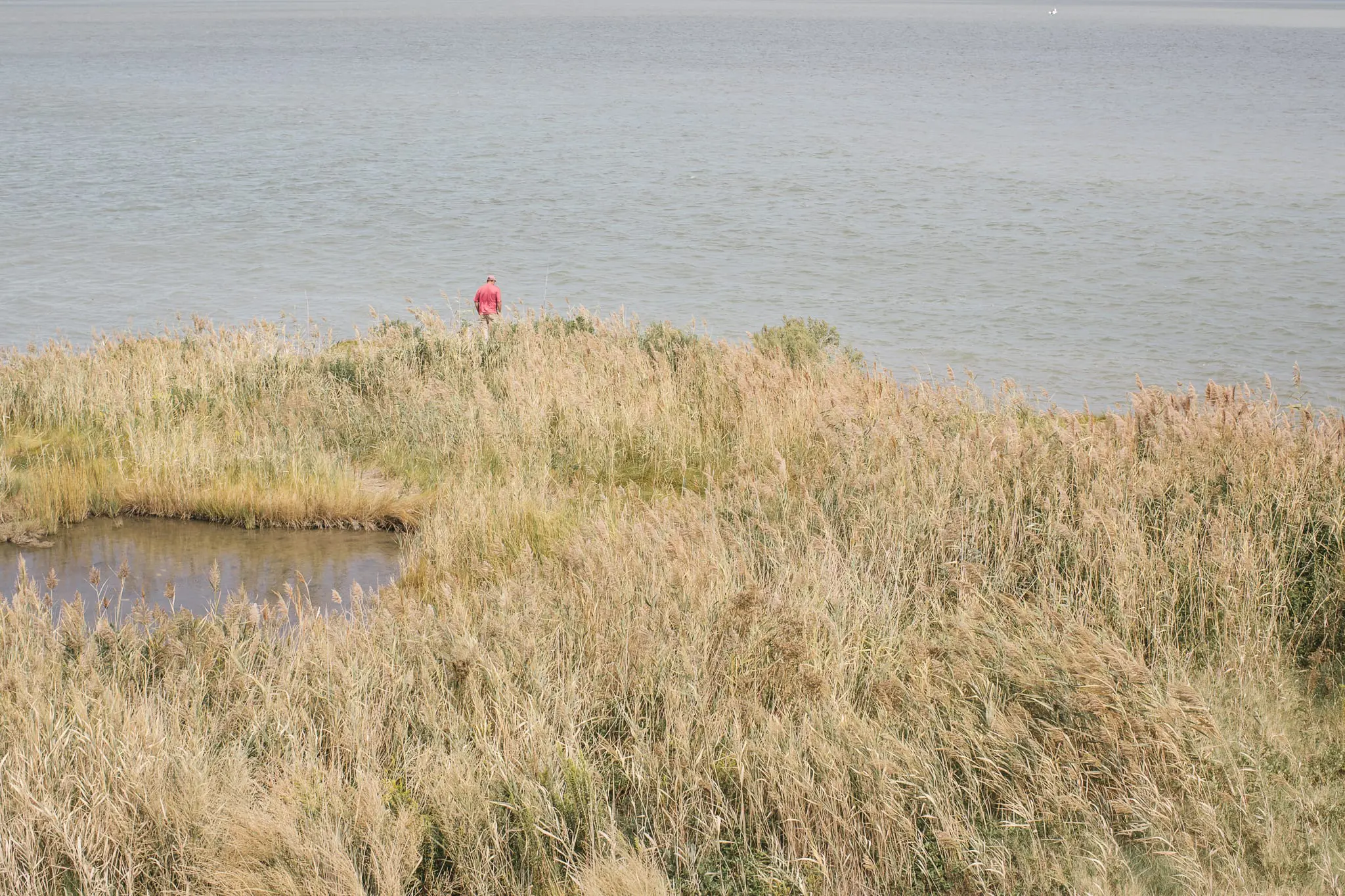 A man fishes near the bridge to Hoopersville.
