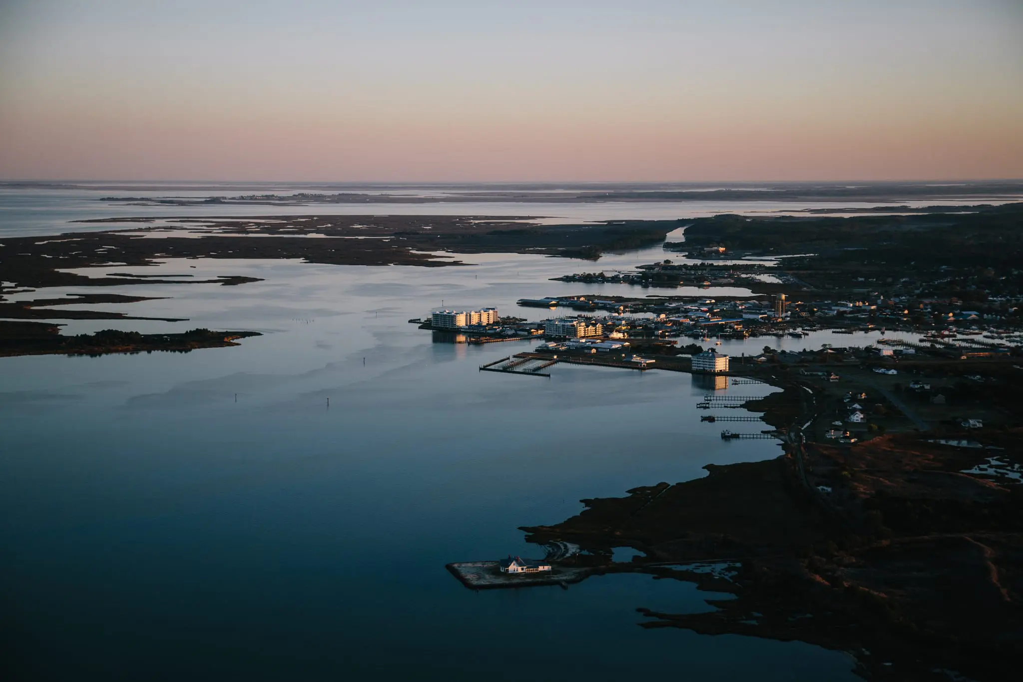 The town of Crisfield, MD., protected by Jane's Island in the foreground.