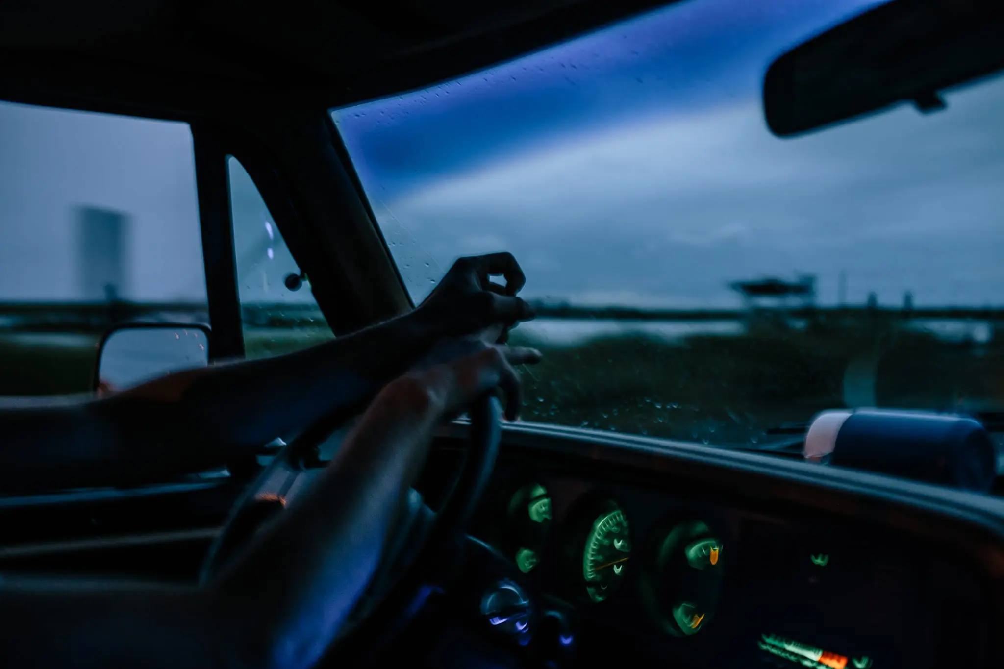 Kyle Tyler, 18, drives the one road on Smith Island at night.