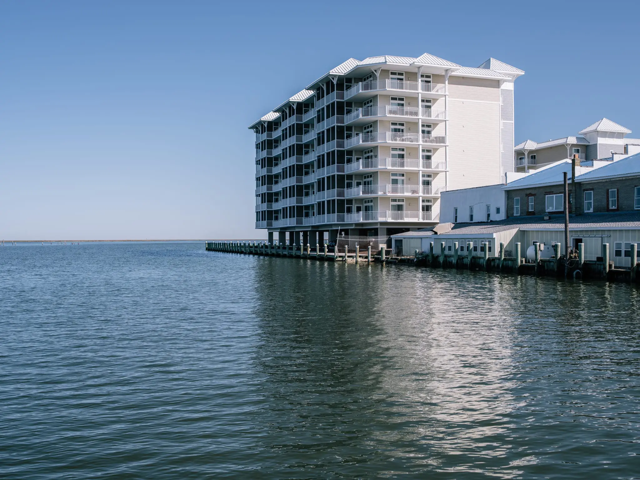 Luxury condominiums sit on the edge of the Chesapeake Bay.